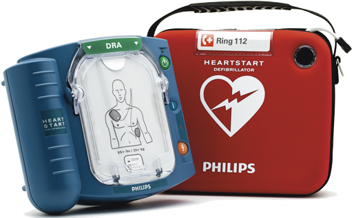 Philips HS1 hjärtstartarpaket. En blå hjärtstartare med streckgubbe på och en röd Philips väska med ett hjärta på. 