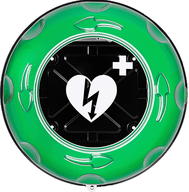 Hjärtstartarskåp ett grönt hjärtstartarskåp med ett vitt hjärta med ett vitt kors. 