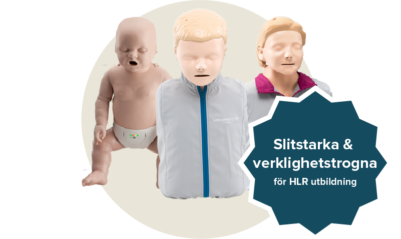 Tre HLR dockor i storlekarna baby, vuxen och junior. Etikett: Slitstarka och verklighetstrogna för HLR utbildning