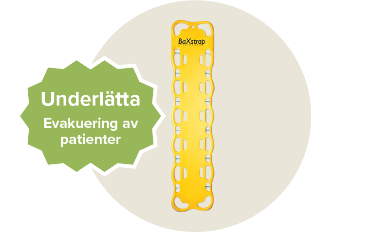 Gul första hjälpen-bår med flera handtag och svart text högst upp. Etikett: Underlätta Sjuktransport av patienter