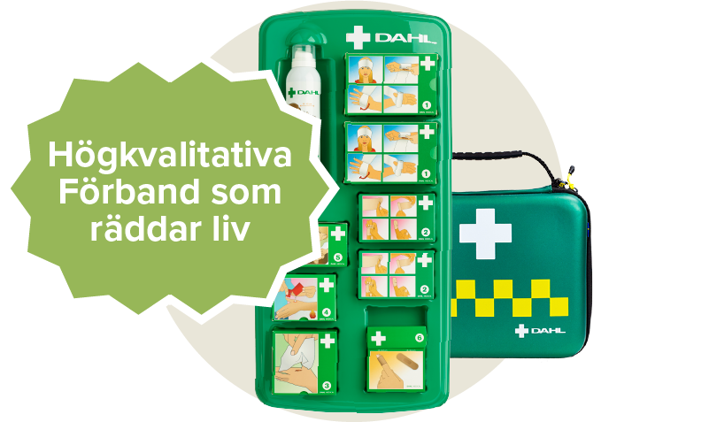 En grön första hjälpen station och förbandsväska från varumärket Dahl. Etikett: Högkvalitativa förband som räddar liv