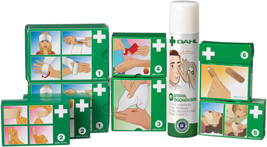 Första hjälpen refiller i ögondusch, bandage, plåster alla produkter är från märket Dahl. 