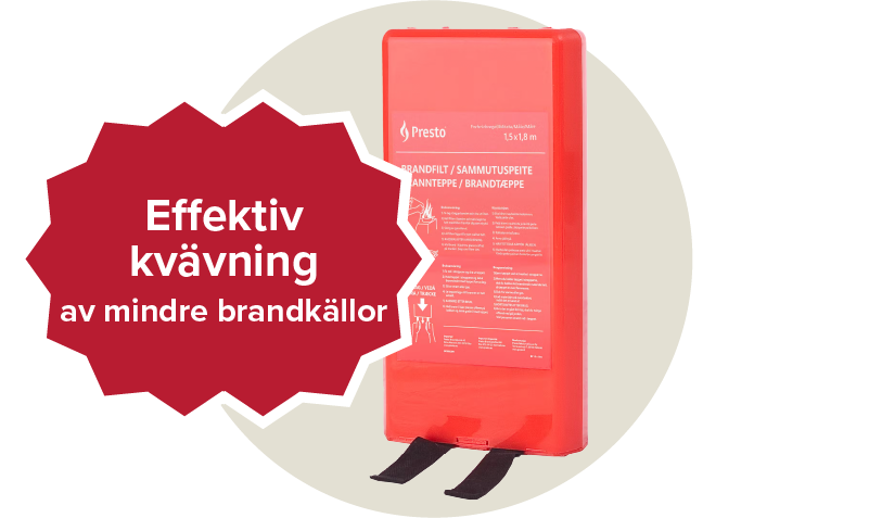 En röd brandfilt med instruktioner på hur filten används vid brand. Etikett: Effektiv kvävning av mindre brandkällor.