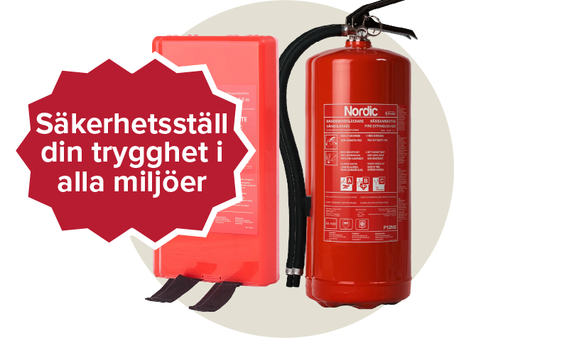 En röd brandfilt och brandsläckare med instruktioner på hur de används. Etikett: Säkerhetsställ din trygghet i alla miljöer.
