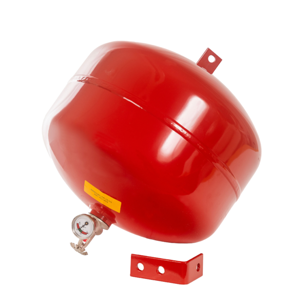 En röd pulversläckare i metall med en mätare som visar trycket. Spinklern är automatisk. 