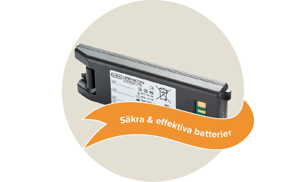 Ett grått batteri till hjärstartaren Stryker LIFEPAK CR2. Etikett: Säkra och effektiva batterier