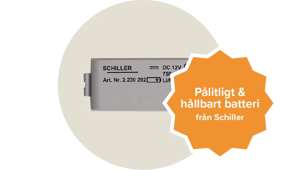 Ett blått batteri till hjärstartaren Schiller Fred Easyport. Etikett: Pålitligt och hållbart batteri från Schiller. 