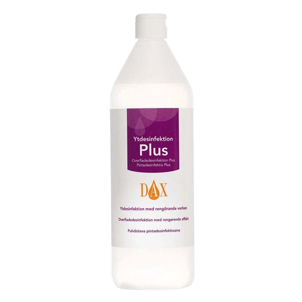 Rengöring, ytdesinfektionflaska en vit flaska med lila etikett. 