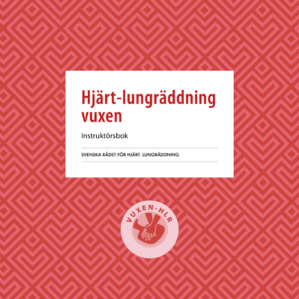 Instruktörsbok av svenska rådet i hjärt-lungräddning vuxen. Boken är röd med symboler av hjärtan på. 