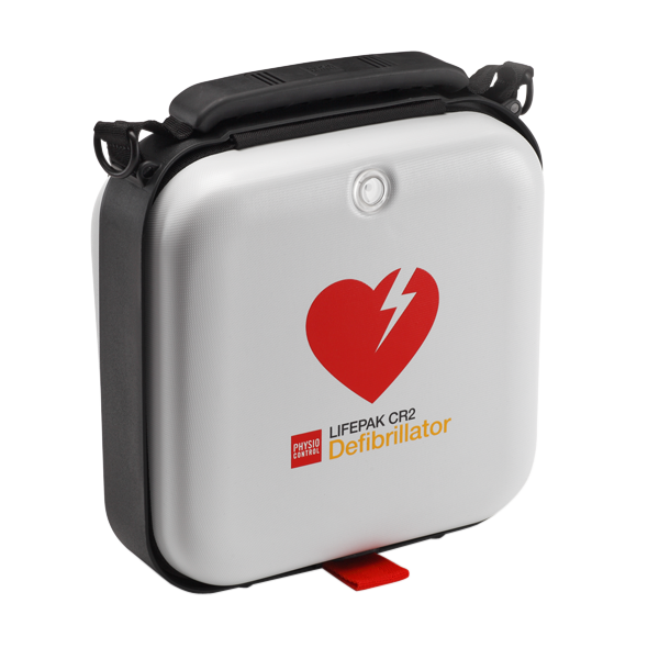 Lifepak CR2 defibrillator en vit hjärtstartare med ett rött hjärta. Runt om hjärtstartaren sitter ett svart handtag. 