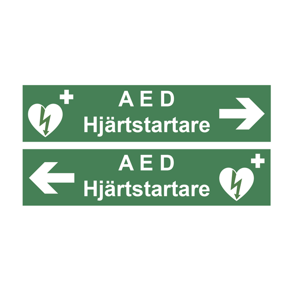 Skylt, AED Hjärtstartare med pil, 400x96mm , HLR dockor & hjärtstartare. Fri frakt över 800 kr, alltid med snabb leverans.